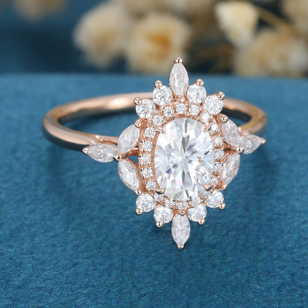 0.84 CT Oval Cluster Moissanite Engagement Ring