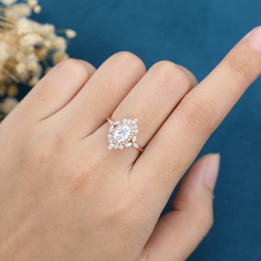 0.84 CT Oval Cluster Moissanite Engagement Ring