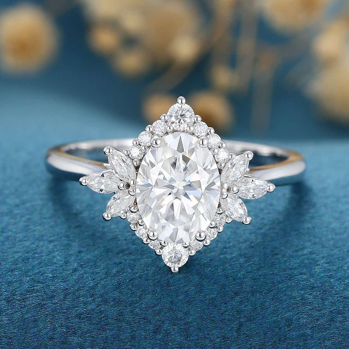0.84 CT Oval Cluster Moissanite Engagement Ring