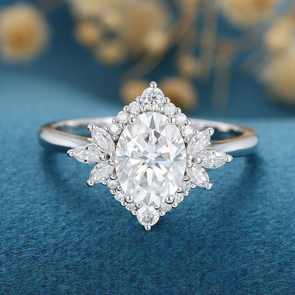 0.84 CT Oval Cluster Moissanite Engagement Ring