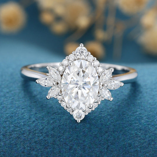 0.84 CT Oval Cluster Moissanite Engagement Ring