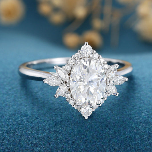 0.84 CT Oval Cluster Moissanite Engagement Ring