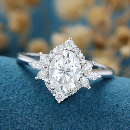 0.84 CT Oval Cluster Moissanite Engagement Ring