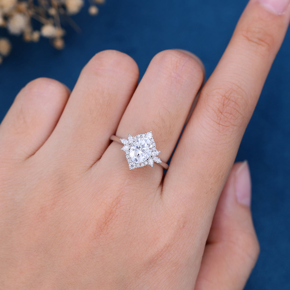 0.84 CT Oval Cluster Moissanite Engagement Ring
