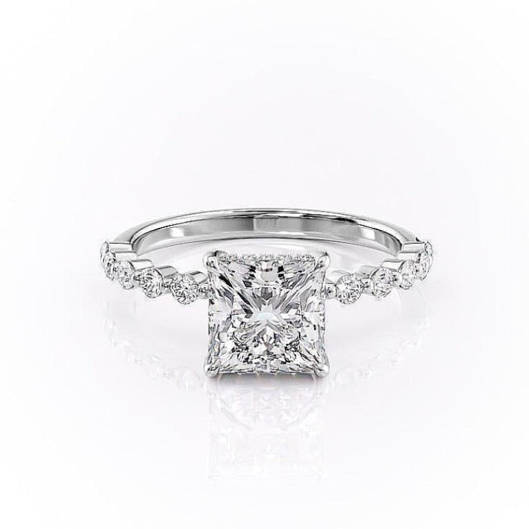 2.08 CT Princess Hidden Halo  & Pave Moissanite Engagement Ring