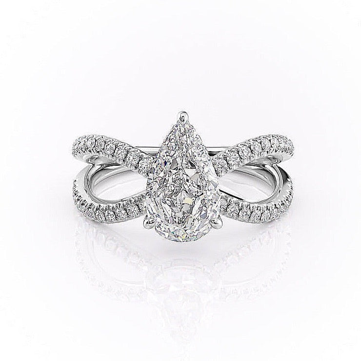 2 CT Pear Hidden Halo Criss Cross Moissanite Engagement Ring