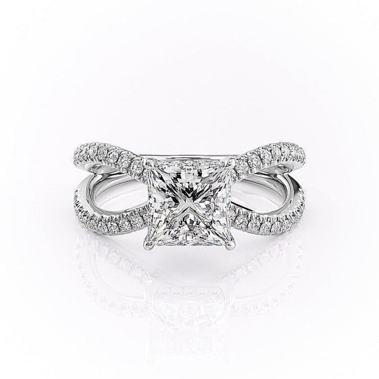 2.08 CT Princess Hidden Halo & Criss Cross Moissanite Engagement Ring