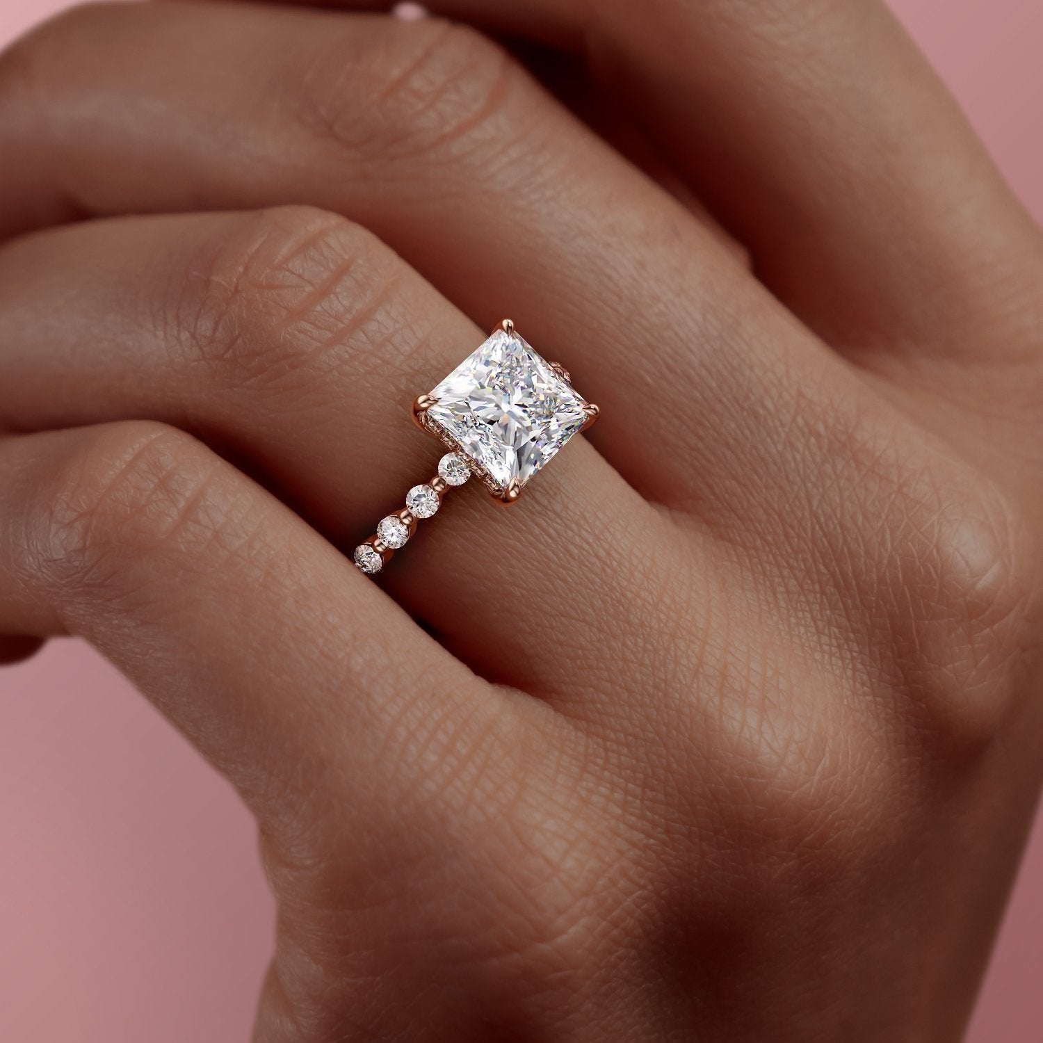 2.08 CT Princess Hidden Halo  & Pave Moissanite Engagement Ring