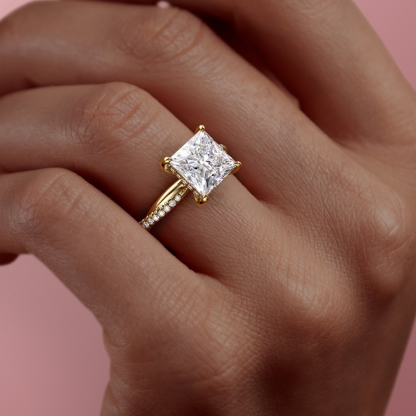 2.08 CT Princess Hidden Halo  & Pave Moissanite Engagement Ring
