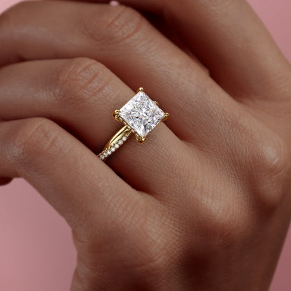 2.08 CT Princess Hidden Halo  & Pave Moissanite Engagement Ring