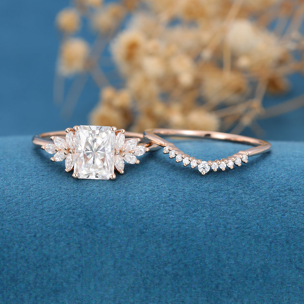 2.43 CT Radiant Cluster Moissanite Bridal Set