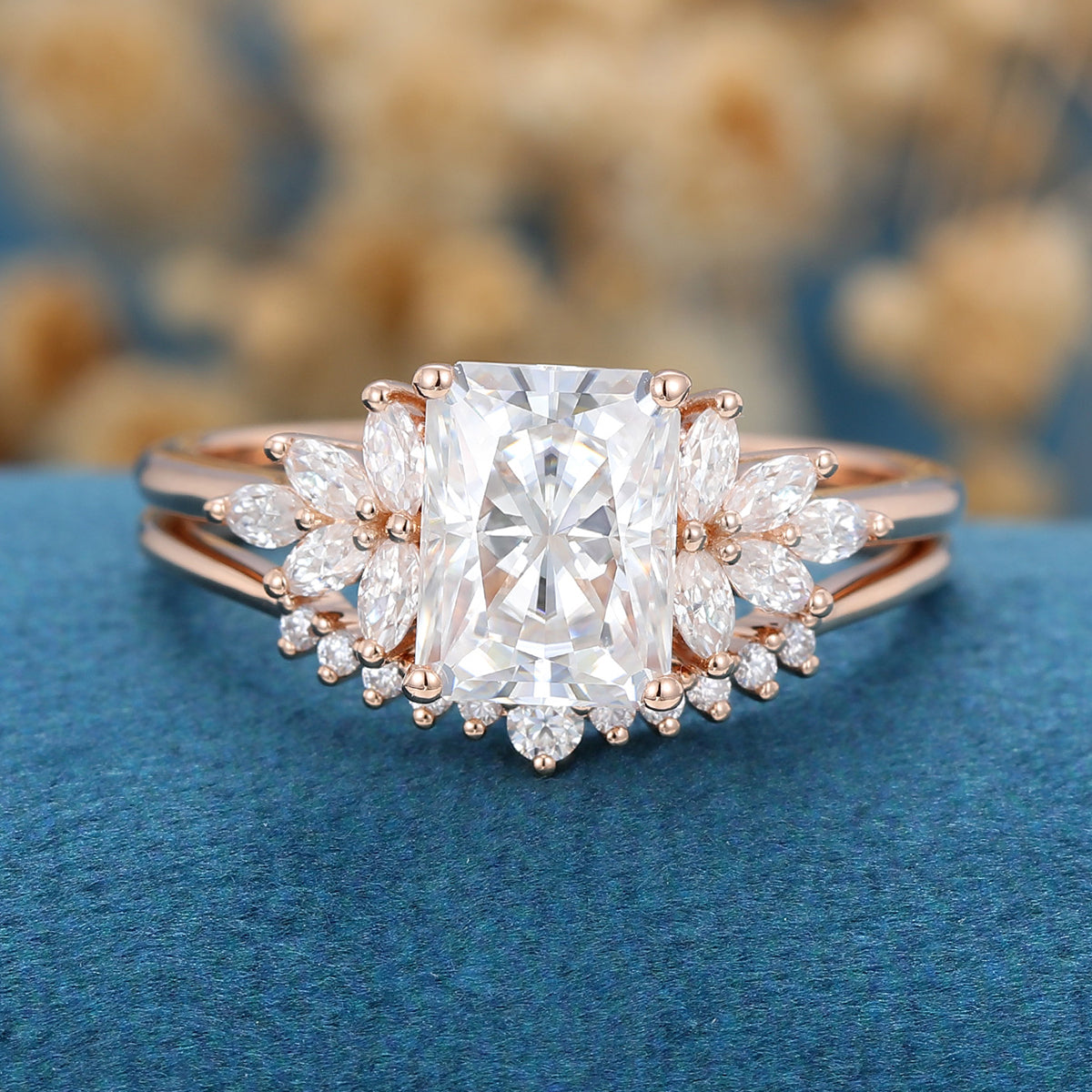 2.43 CT Radiant Cluster Moissanite Bridal Set