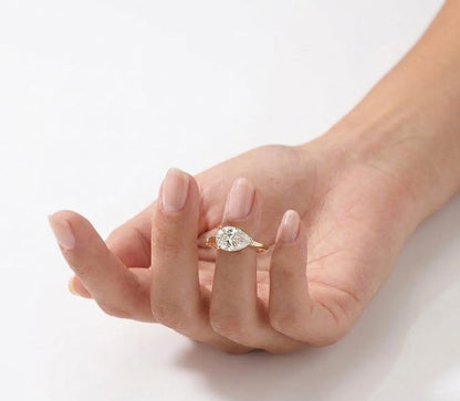 1.25 CT Pear East-West Solitaire Pave Lab Diamond Grown Engagement Ring