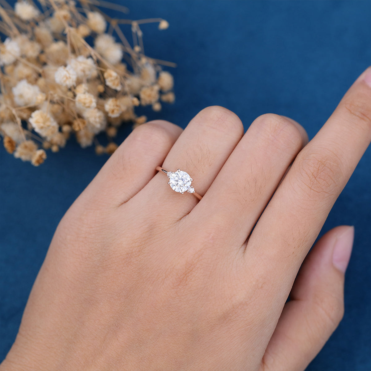 0.88 CT Round Three Stone Moissanite Engagement Ring