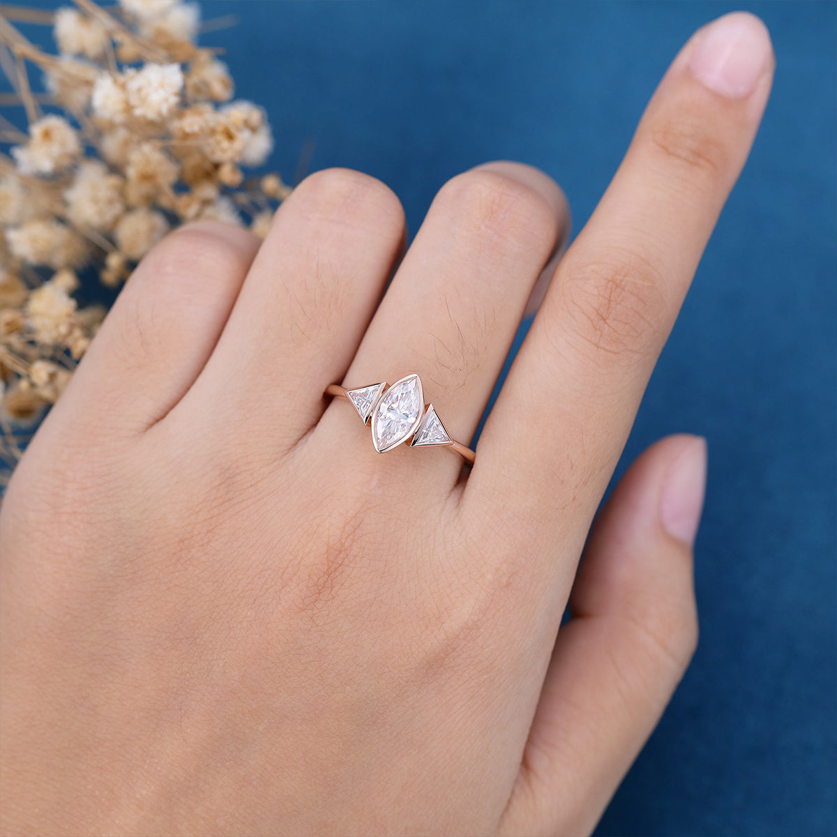 0.9 CT Marquise Three Stone Moissanite Engagement Ring