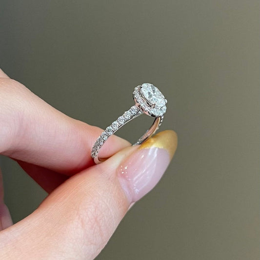 0.8 CT Oval Halo & Pave Moissanite Engagement Ring