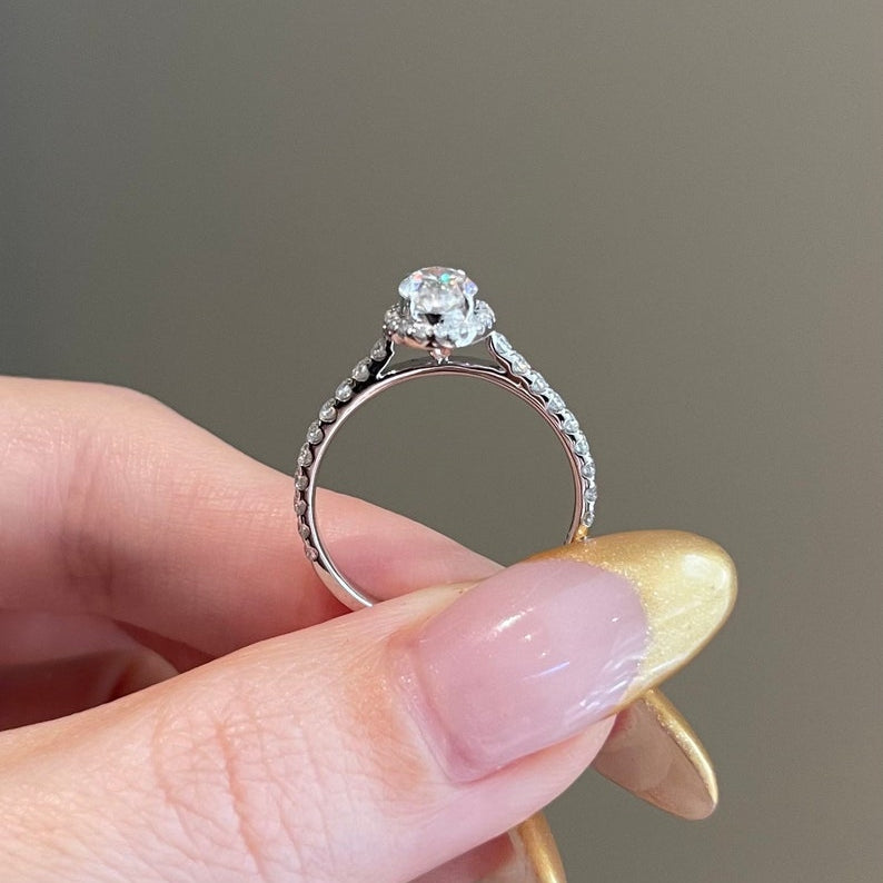 0.8 CT Oval Halo & Pave Moissanite Engagement Ring