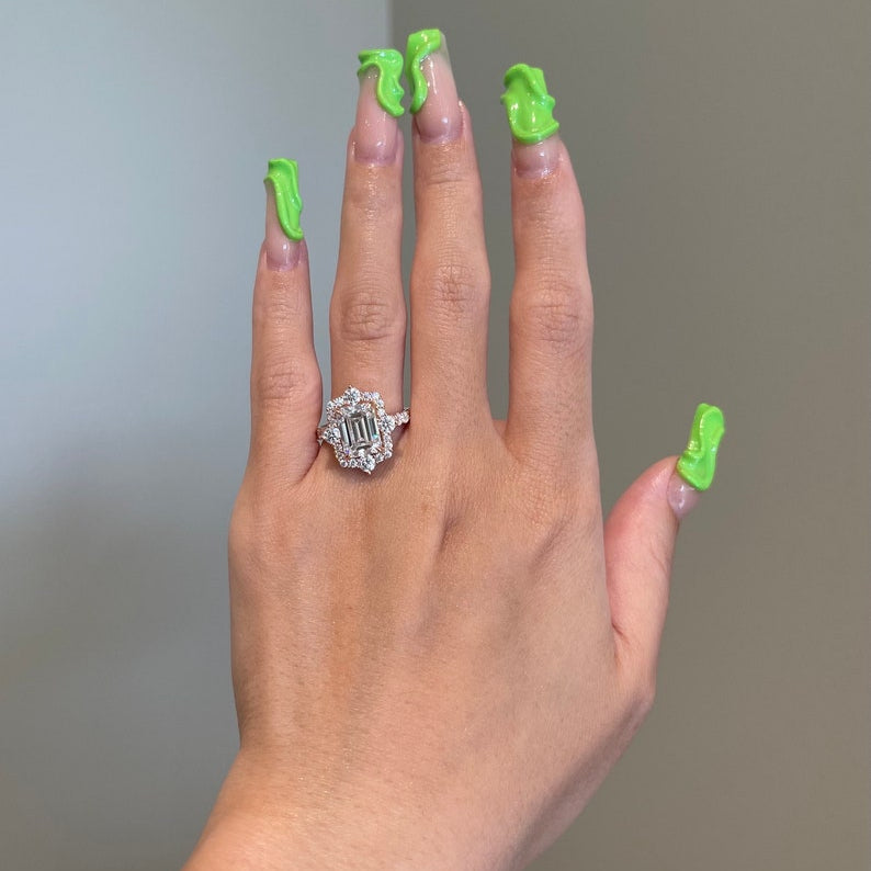 3.5 CT Emerald Halo & Pave Moissanite Engagement Ring