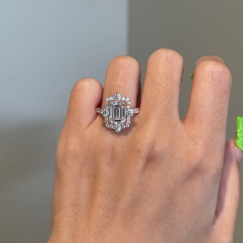 3.5 CT Emerald Halo & Pave Moissanite Engagement Ring