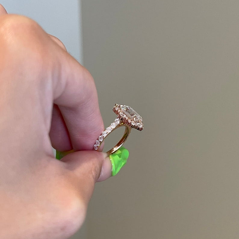 3.5 CT Emerald Halo & Pave Moissanite Engagement Ring