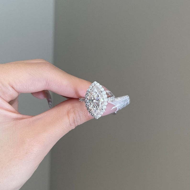 5 CT Marquise Halo & Pave Moissanite Engagement Ring