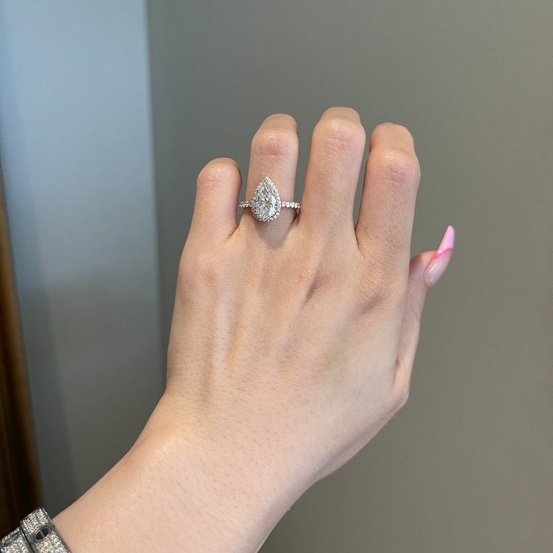 2CT Pear Halo & Pave Moissanite Engagement Ring