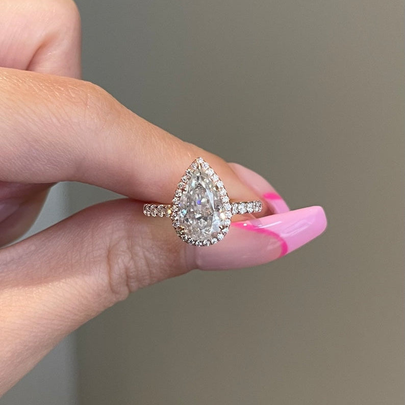 2CT Pear Halo & Pave Moissanite Engagement Ring