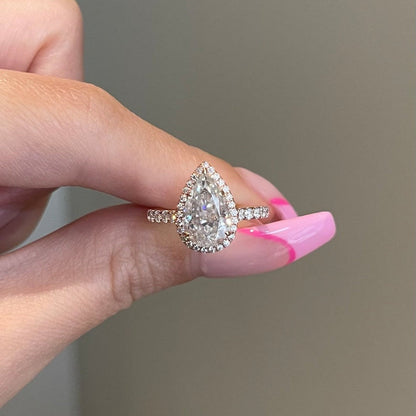 2CT Pear Halo & Pave Moissanite Engagement Ring