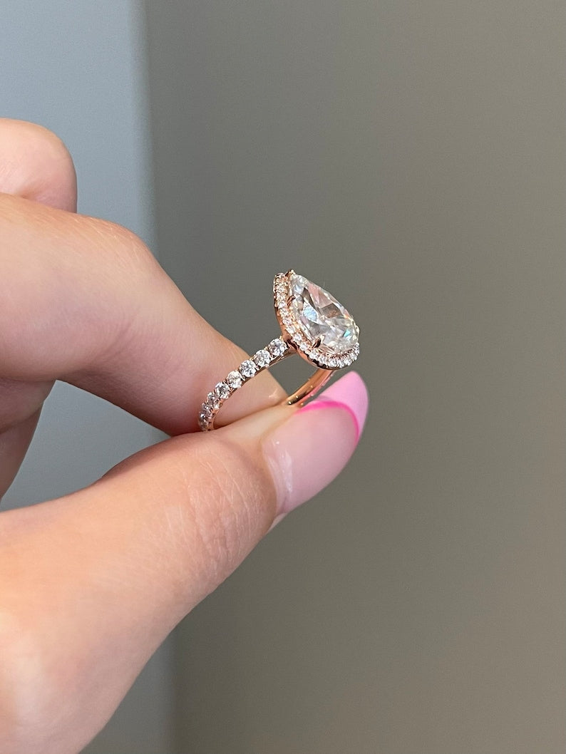 2CT Pear Halo & Pave Moissanite Engagement Ring