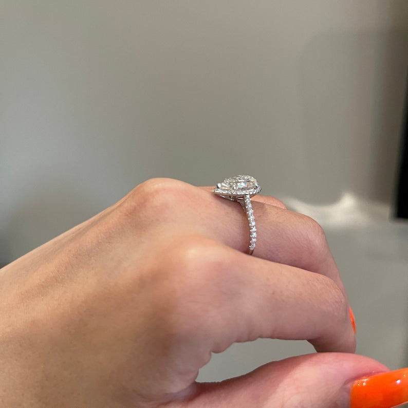 2 CT Pear Halo & Pave Moissanite Engagement Ring
