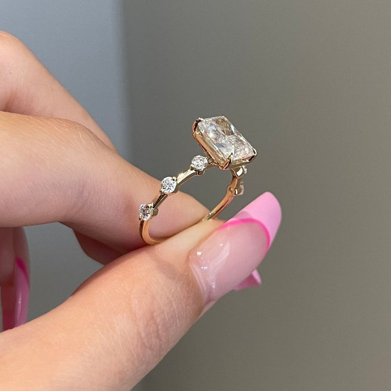2.5 CT Radiant Dainty Pave Moissanite Engagement Ring