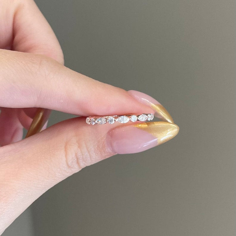 0.25 TCW Marquise & Round Half Eternity Moissanite Wedding Band