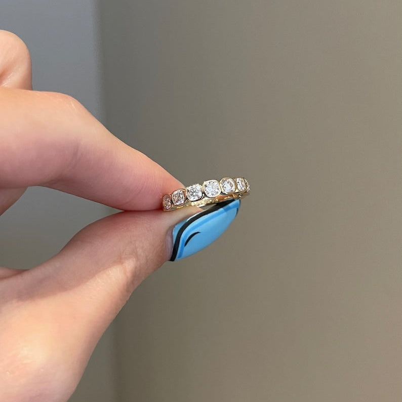 0.9 TCW Cushion Bezel & Half Eternity Moissanite Wedding Band