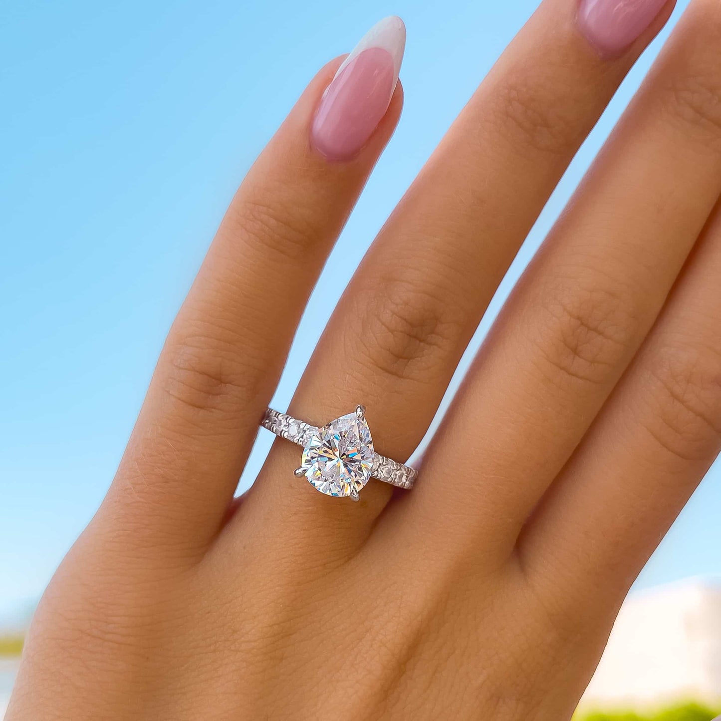 0.75 CT Pear Pave Moissanite Engagement Ring