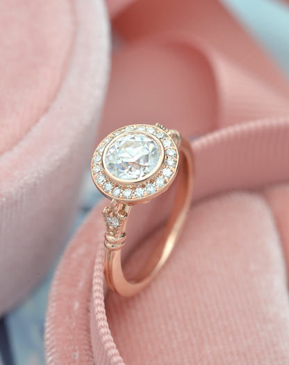 0.7 CT Round Halo & Pave Bezel Moissanite Engagement Ring