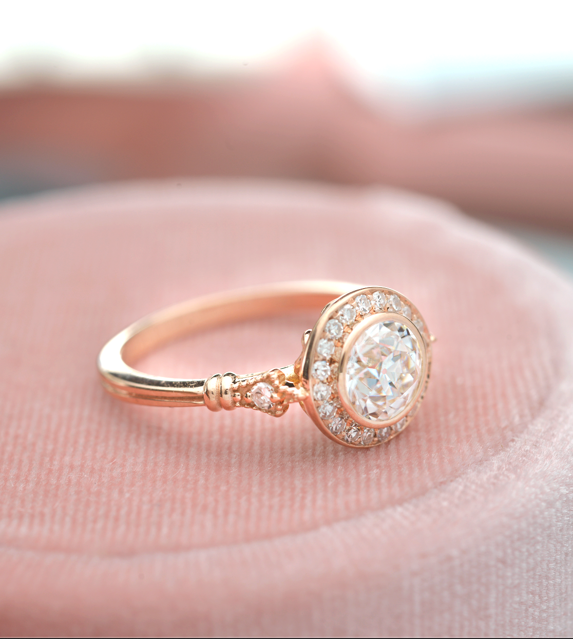 0.7 CT Round Halo & Pave Bezel Moissanite Engagement Ring