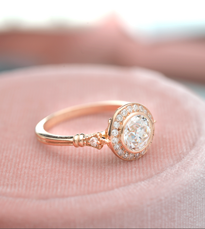 0.7 CT Round Halo & Pave Bezel Moissanite Engagement Ring