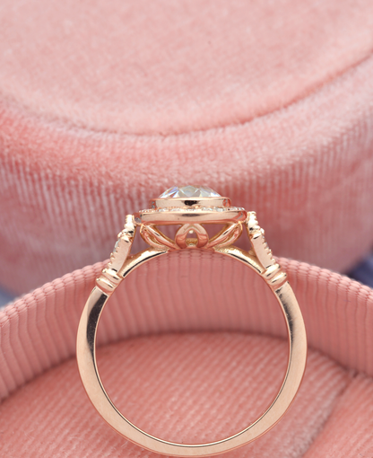 0.7 CT Round Halo & Pave Bezel Moissanite Engagement Ring