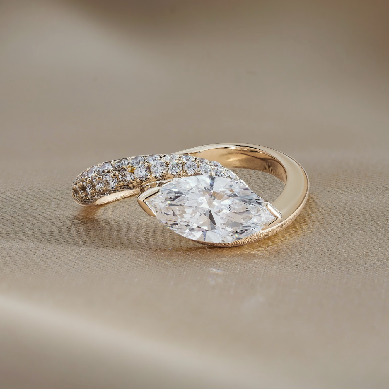 1.1 CT East West Marquise Twisted Pave Moissanite Engagement Ring