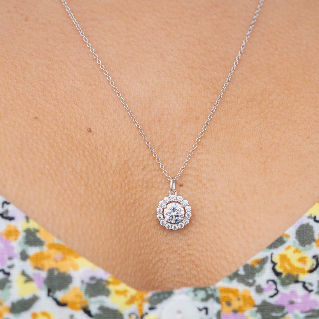 1.25 CT Round Shaped Moissanite Necklace In Halo Design