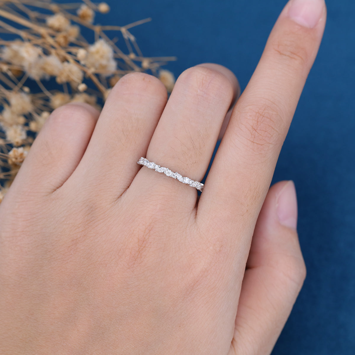 1.7 TCW Marquise & Round Half Eternity Moissanite Wedding Band