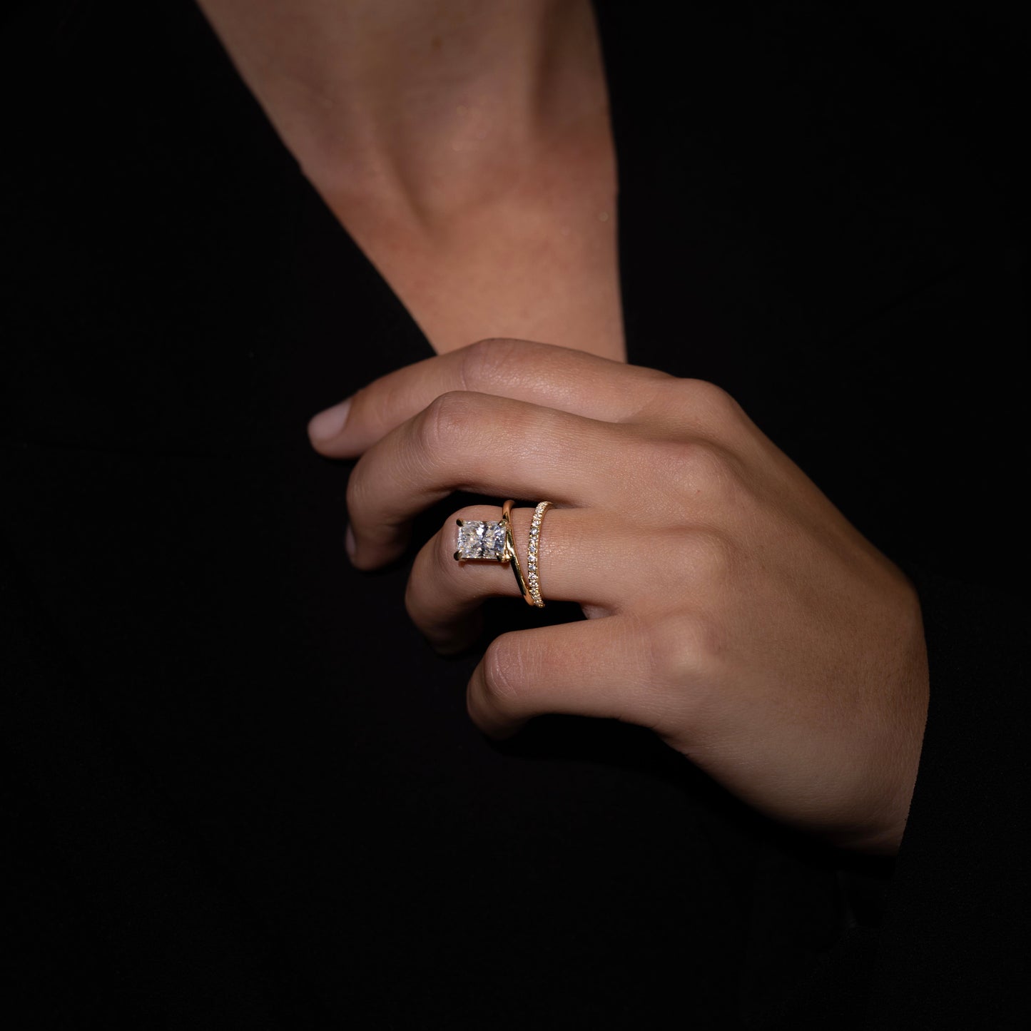 1.5 CT Radiant Double Shank & Pave Moissanite Engagement Ring