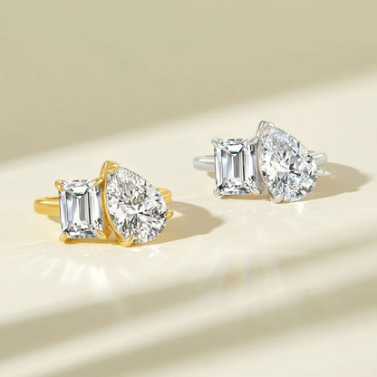 2.1 CT Emerald & Pear Toi Et Moi Moissanite Engagement Ring