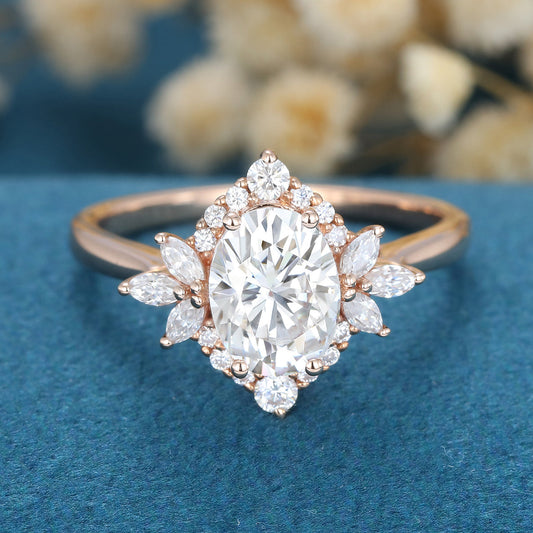 0.84 CT Oval Cluster Moissanite Engagement Ring