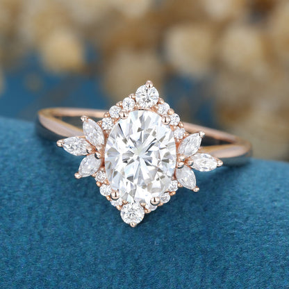 0.84 CT Oval Cluster Moissanite Engagement Ring