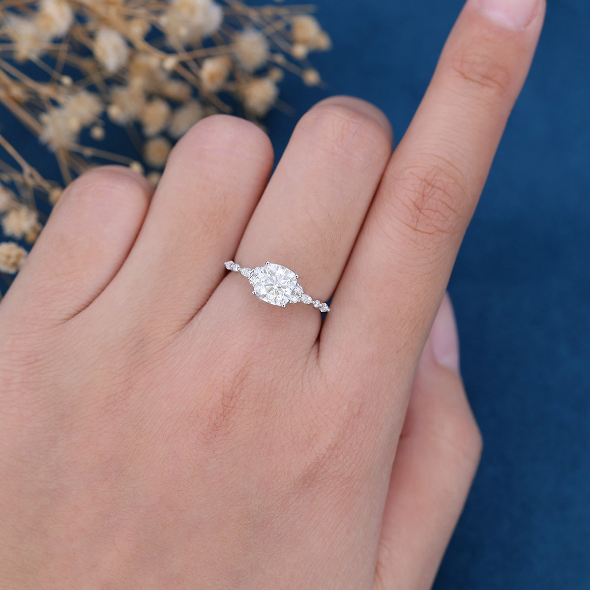 1.21 CT Cushion Cluster Moissanite Engagement Ring