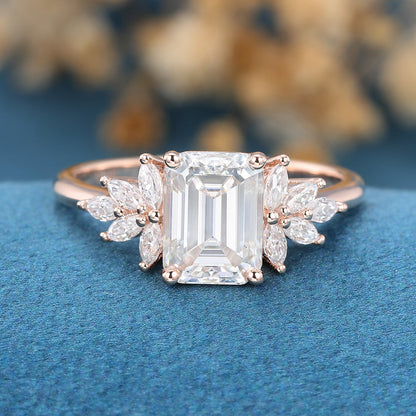 1.6 CT Emerald Cluster Moissanite Engagement Ring