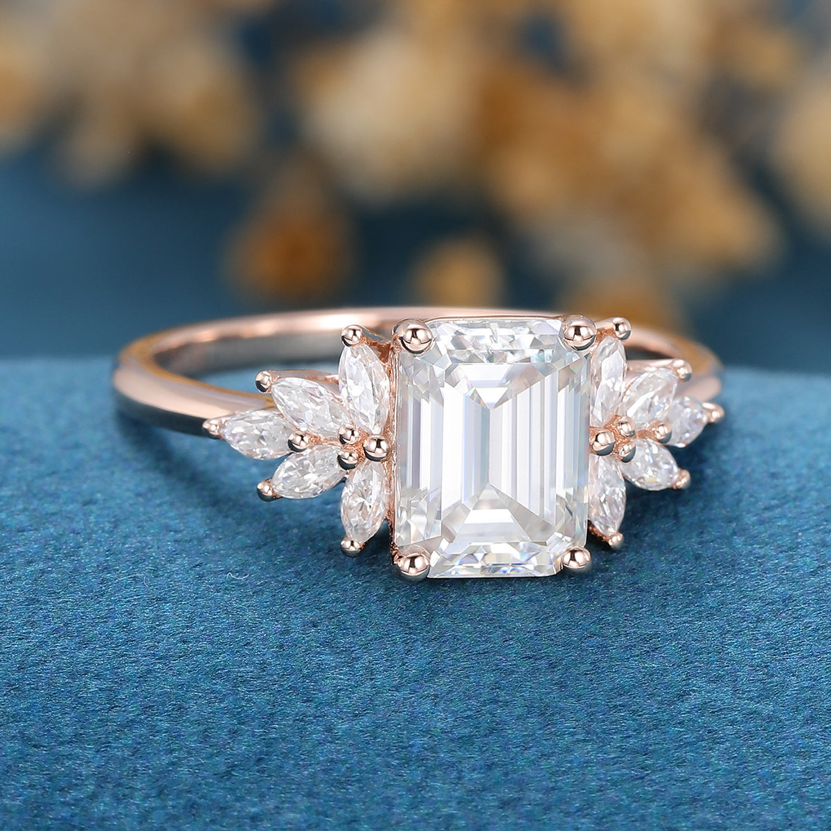 1.6 CT Emerald Cluster Moissanite Engagement Ring