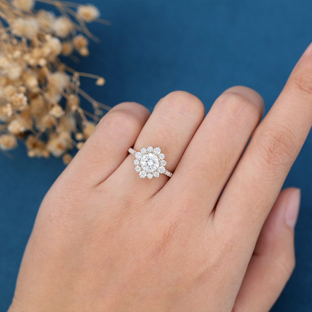 0.88 CT Round Halo & Pave Moissanite Engagement Ring
