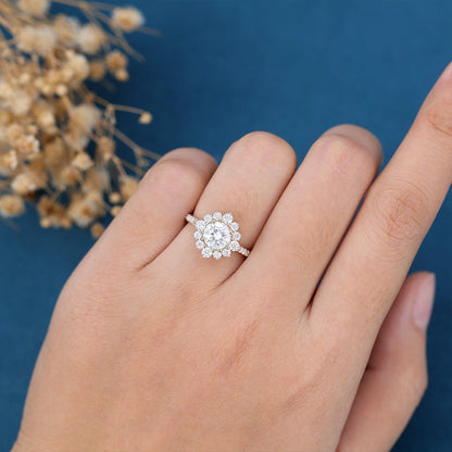 0.88 CT Round Halo & Pave Moissanite Engagement Ring